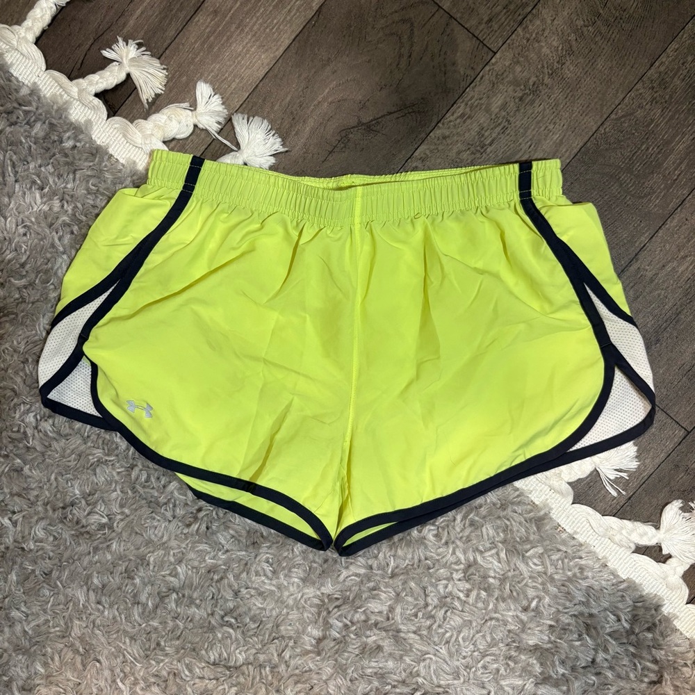 Under Armour Neon Yellow and Black Athletic Shorts with Curved Hem